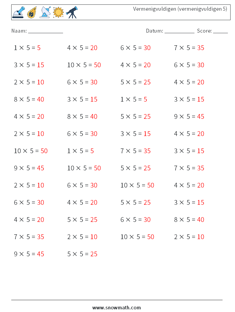 (50) Vermenigvuldigen (vermenigvuldigen 5) Wiskundige werkbladen 6 Vraag, Antwoord