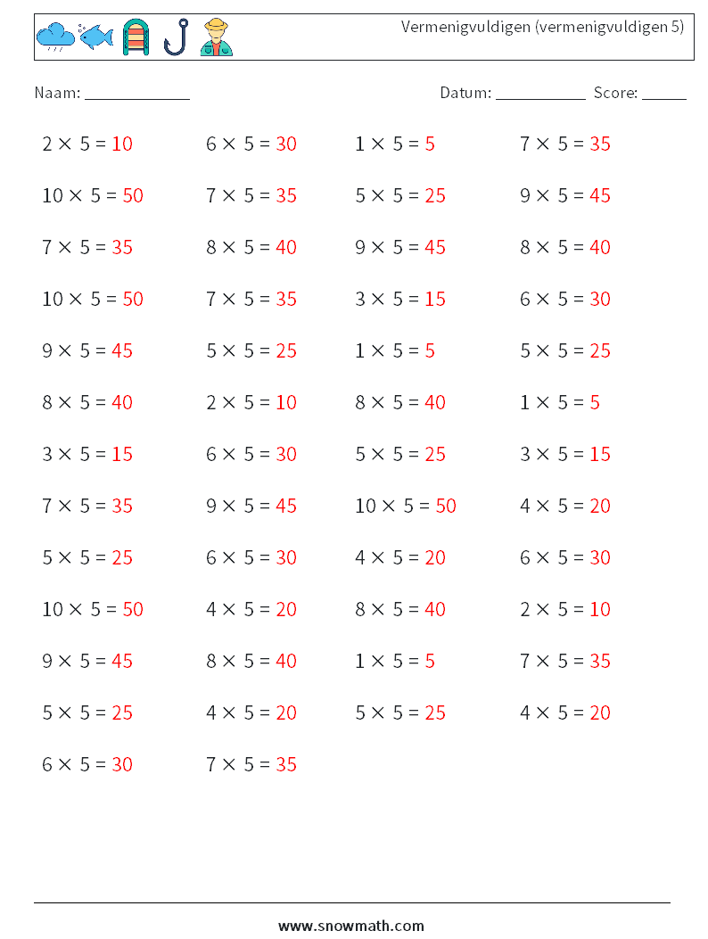 (50) Vermenigvuldigen (vermenigvuldigen 5) Wiskundige werkbladen 8 Vraag, Antwoord