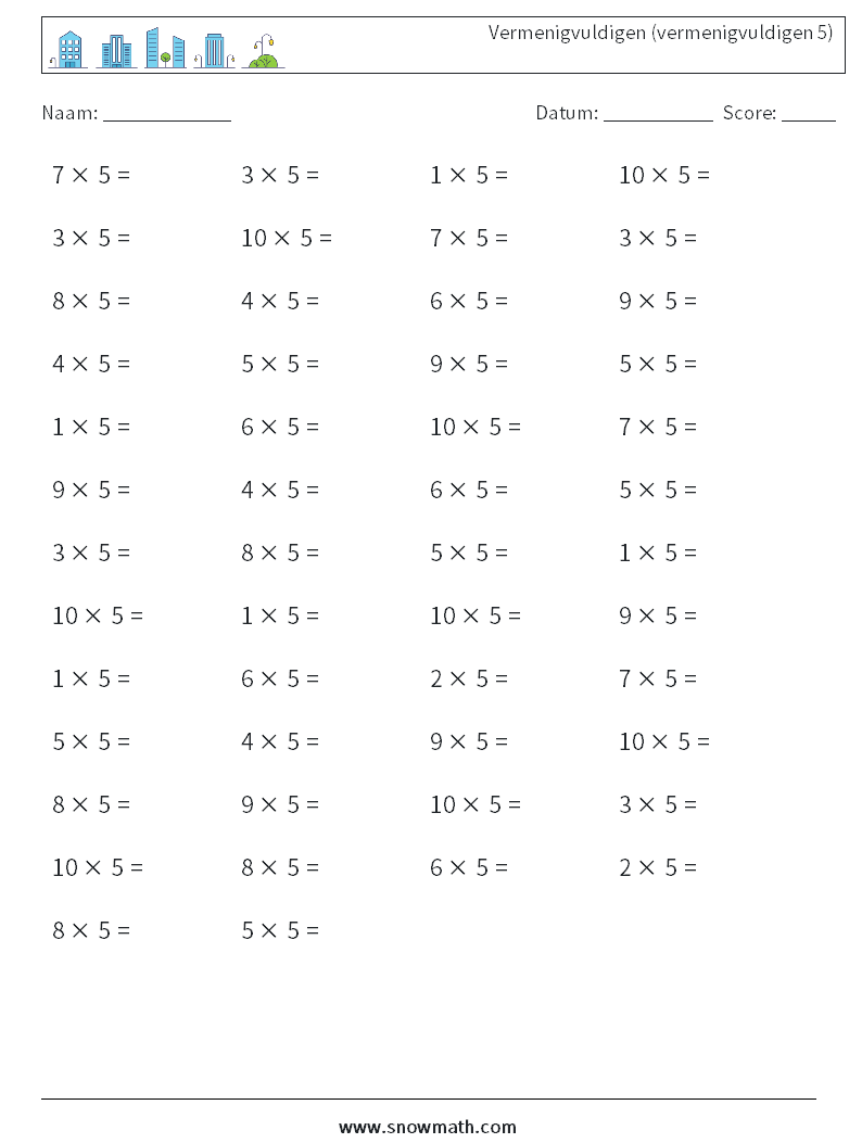 (50) Vermenigvuldigen (vermenigvuldigen 5) Wiskundige werkbladen 9