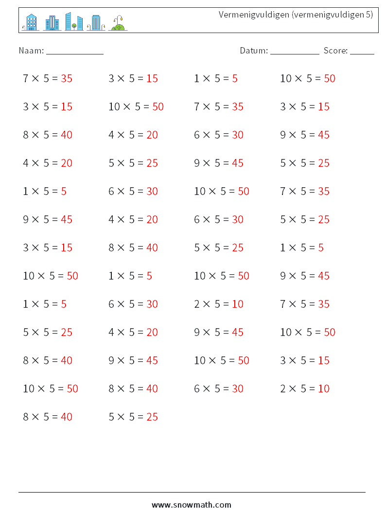 (50) Vermenigvuldigen (vermenigvuldigen 5) Wiskundige werkbladen 9 Vraag, Antwoord