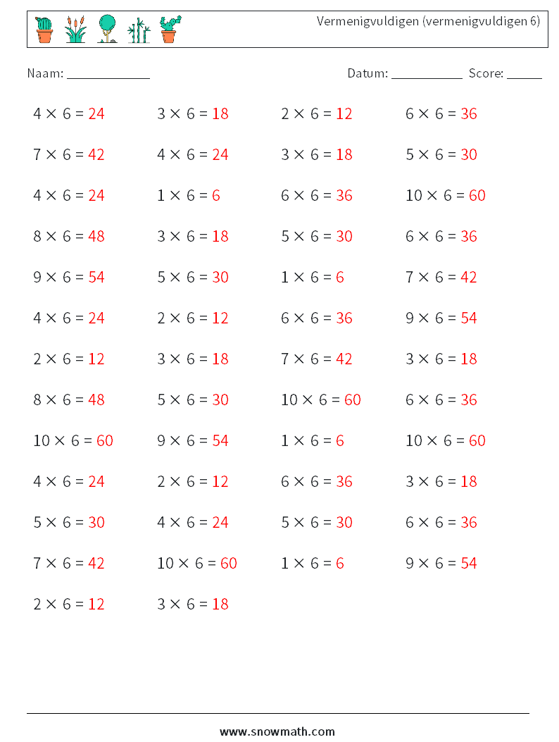 (50) Vermenigvuldigen (vermenigvuldigen 6) Wiskundige werkbladen 1 Vraag, Antwoord