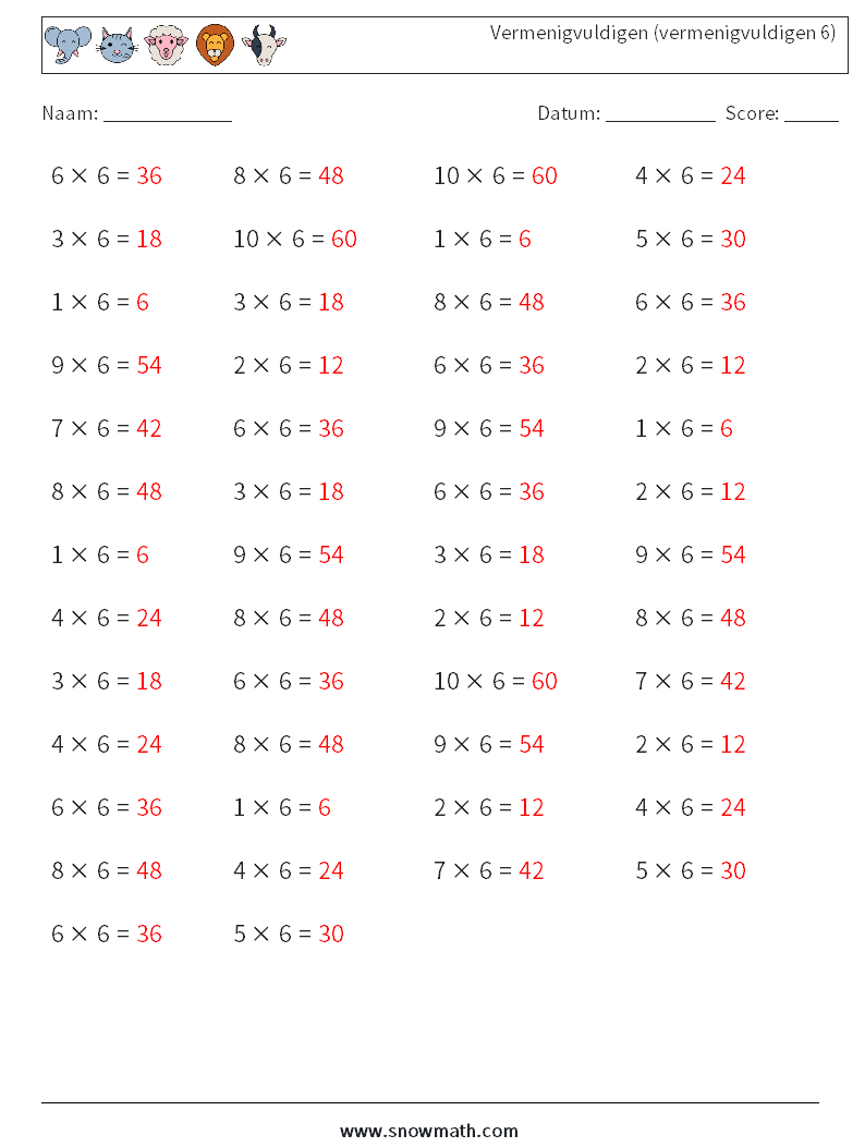 (50) Vermenigvuldigen (vermenigvuldigen 6) Wiskundige werkbladen 2 Vraag, Antwoord