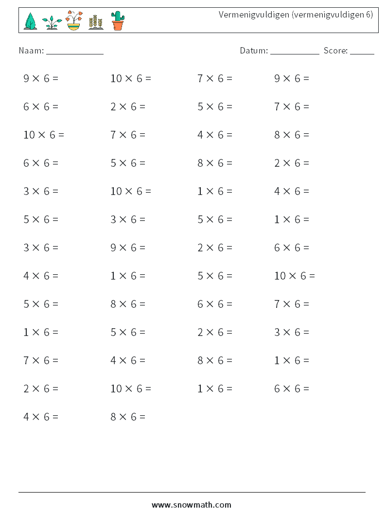(50) Vermenigvuldigen (vermenigvuldigen 6) Wiskundige werkbladen 3