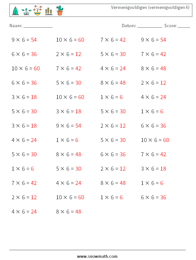 (50) Vermenigvuldigen (vermenigvuldigen 6) Wiskundige werkbladen 3 Vraag, Antwoord