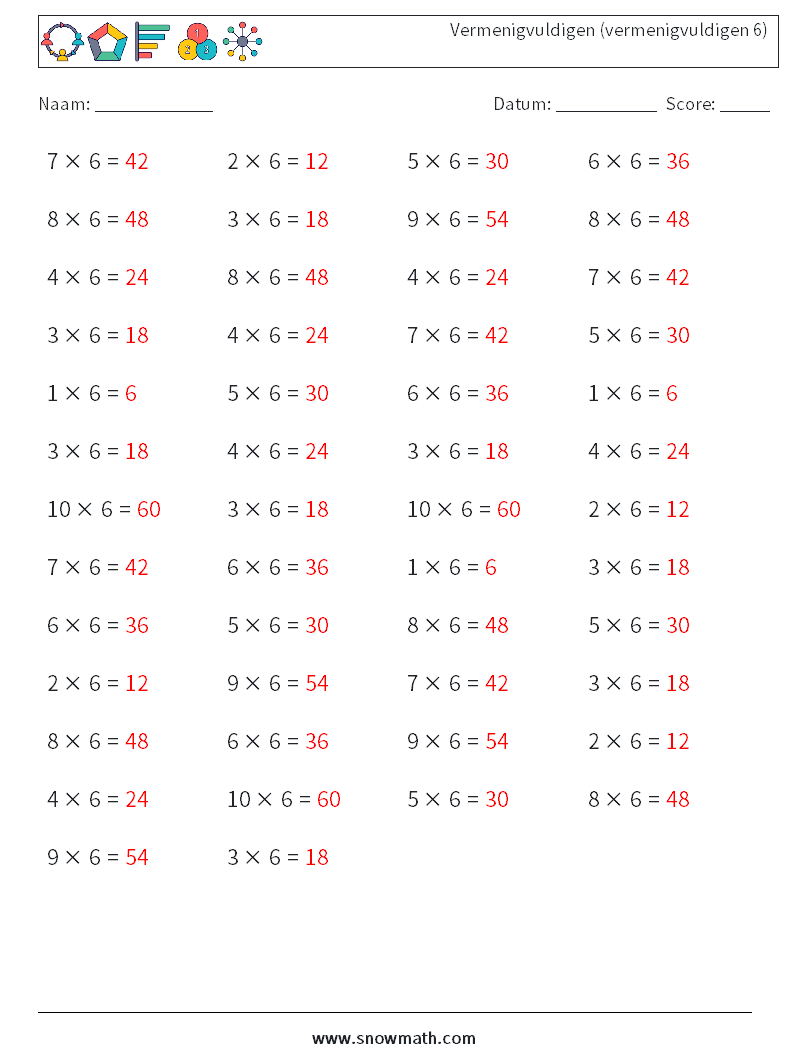 (50) Vermenigvuldigen (vermenigvuldigen 6) Wiskundige werkbladen 4 Vraag, Antwoord