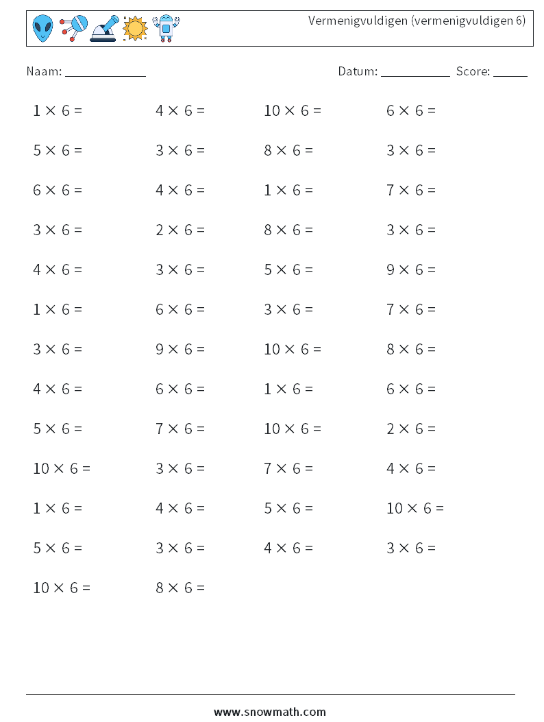 (50) Vermenigvuldigen (vermenigvuldigen 6) Wiskundige werkbladen 5