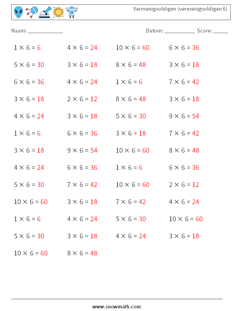 (50) Vermenigvuldigen (vermenigvuldigen 6) Wiskundige werkbladen 5 Vraag, Antwoord