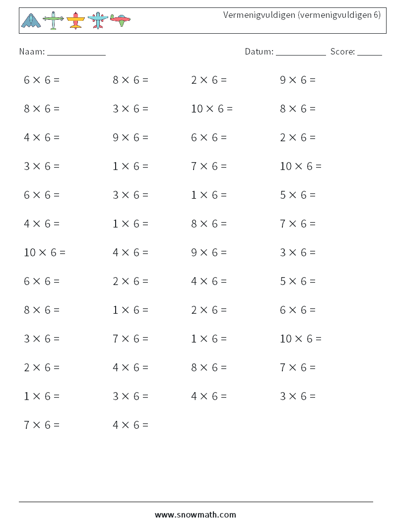 (50) Vermenigvuldigen (vermenigvuldigen 6) Wiskundige werkbladen 6
