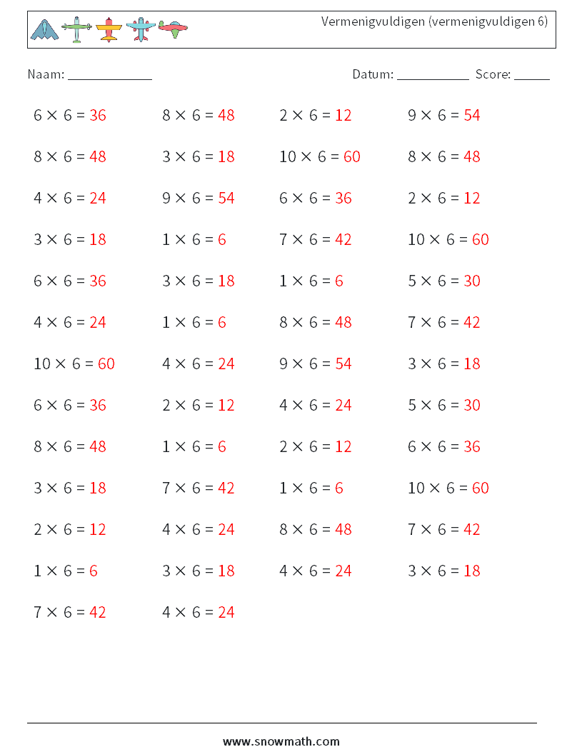 (50) Vermenigvuldigen (vermenigvuldigen 6) Wiskundige werkbladen 6 Vraag, Antwoord