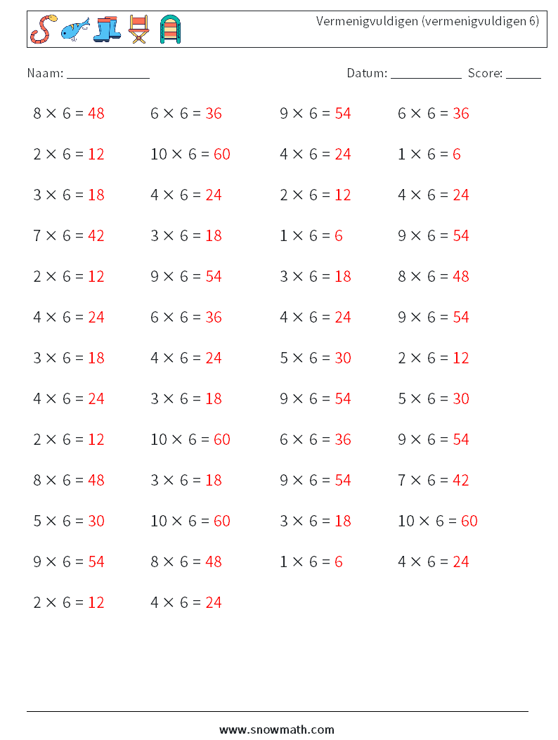 (50) Vermenigvuldigen (vermenigvuldigen 6) Wiskundige werkbladen 7 Vraag, Antwoord