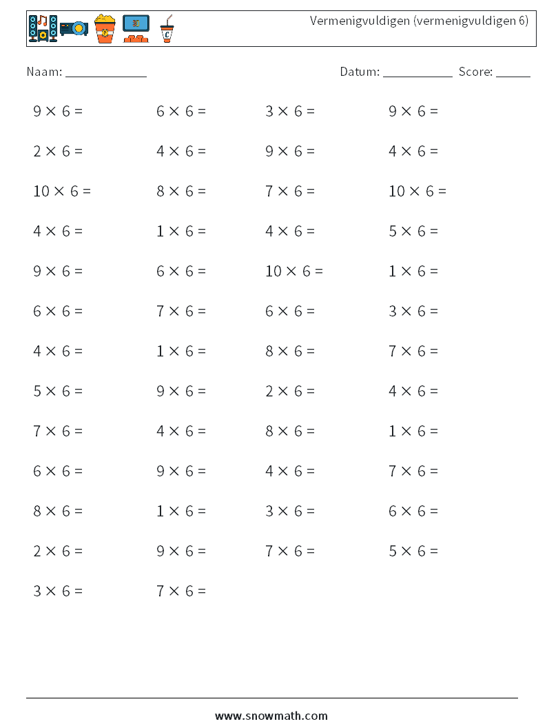 (50) Vermenigvuldigen (vermenigvuldigen 6) Wiskundige werkbladen 8