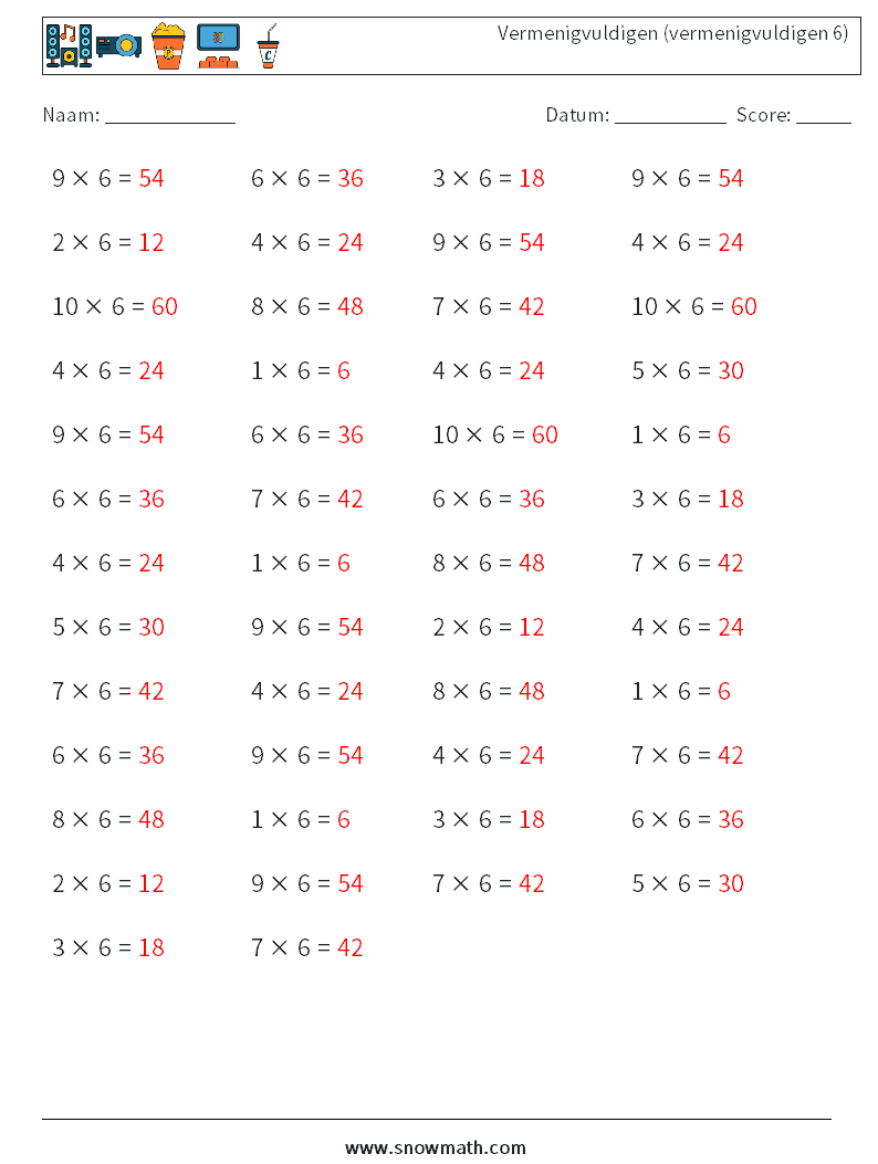 (50) Vermenigvuldigen (vermenigvuldigen 6) Wiskundige werkbladen 8 Vraag, Antwoord