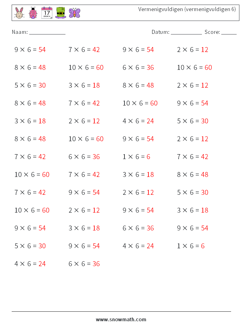 (50) Vermenigvuldigen (vermenigvuldigen 6) Wiskundige werkbladen 9 Vraag, Antwoord