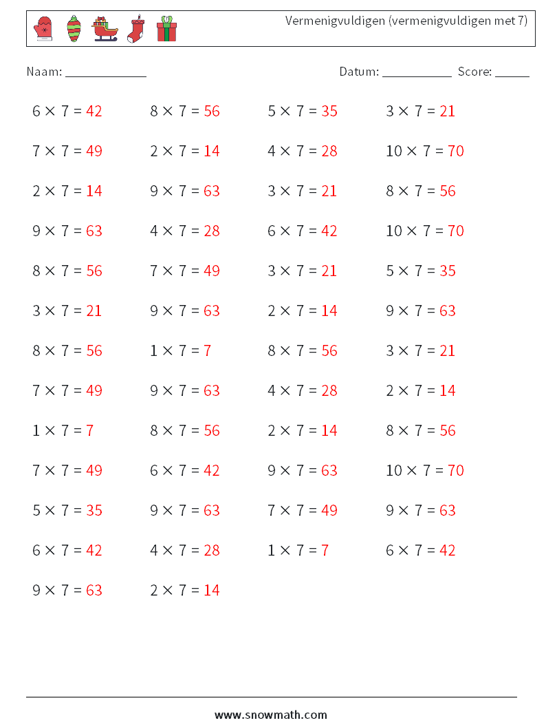 (50) Vermenigvuldigen (vermenigvuldigen met 7) Wiskundige werkbladen 1 Vraag, Antwoord