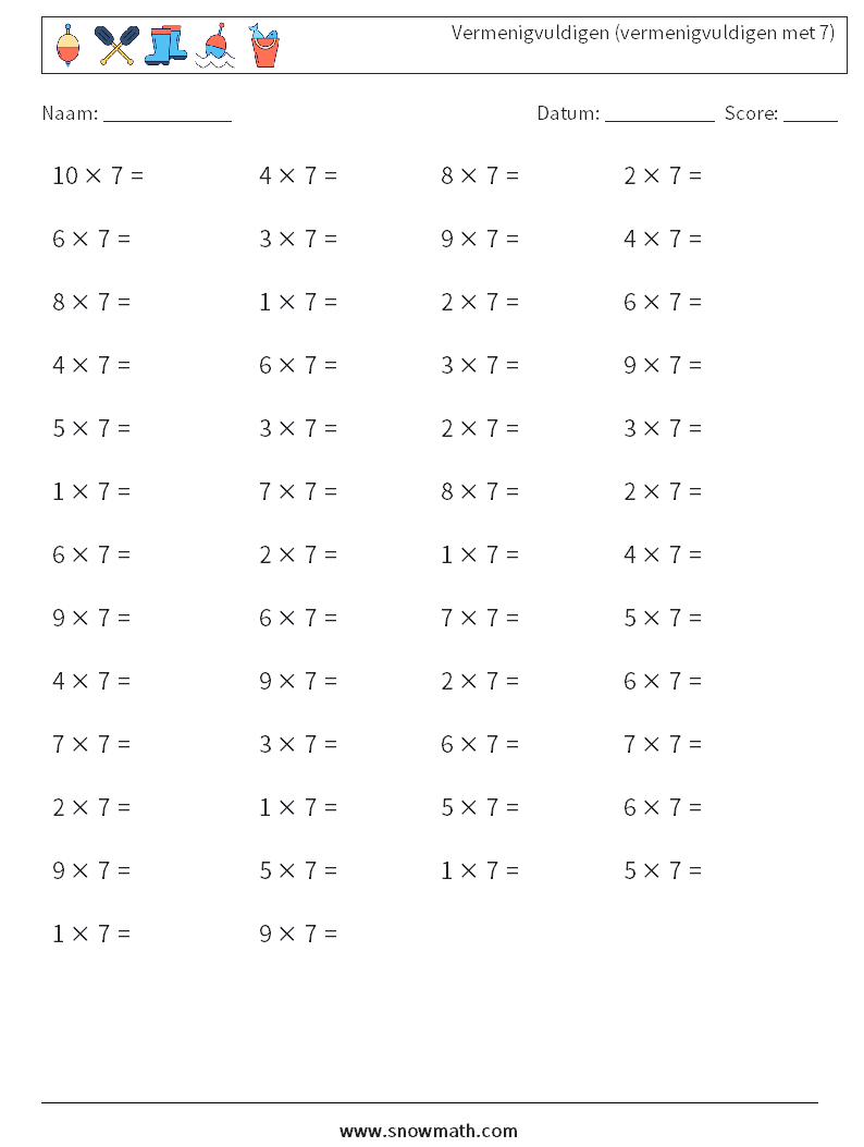 (50) Vermenigvuldigen (vermenigvuldigen met 7) Wiskundige werkbladen 2