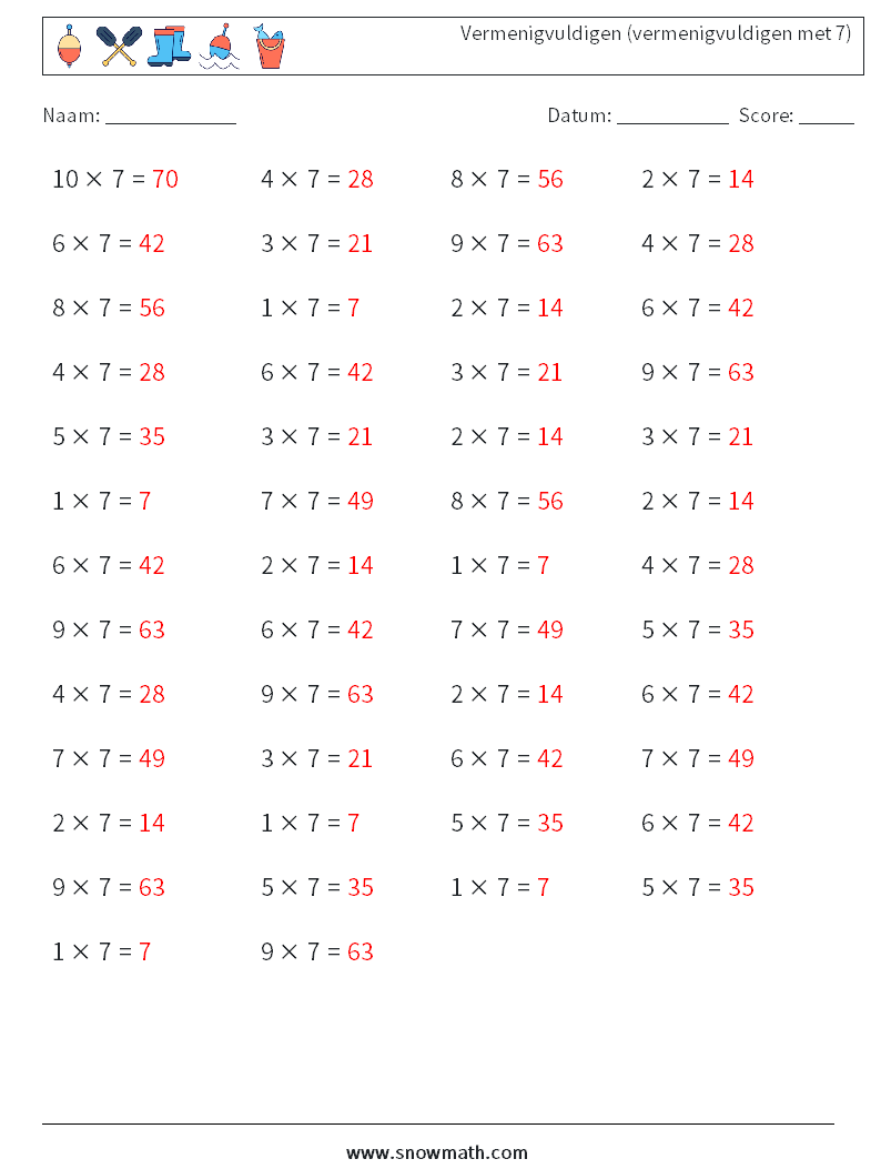 (50) Vermenigvuldigen (vermenigvuldigen met 7) Wiskundige werkbladen 2 Vraag, Antwoord