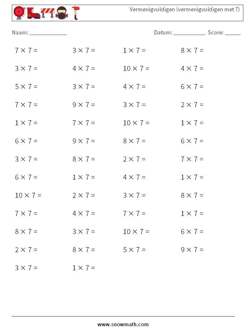 (50) Vermenigvuldigen (vermenigvuldigen met 7) Wiskundige werkbladen 3