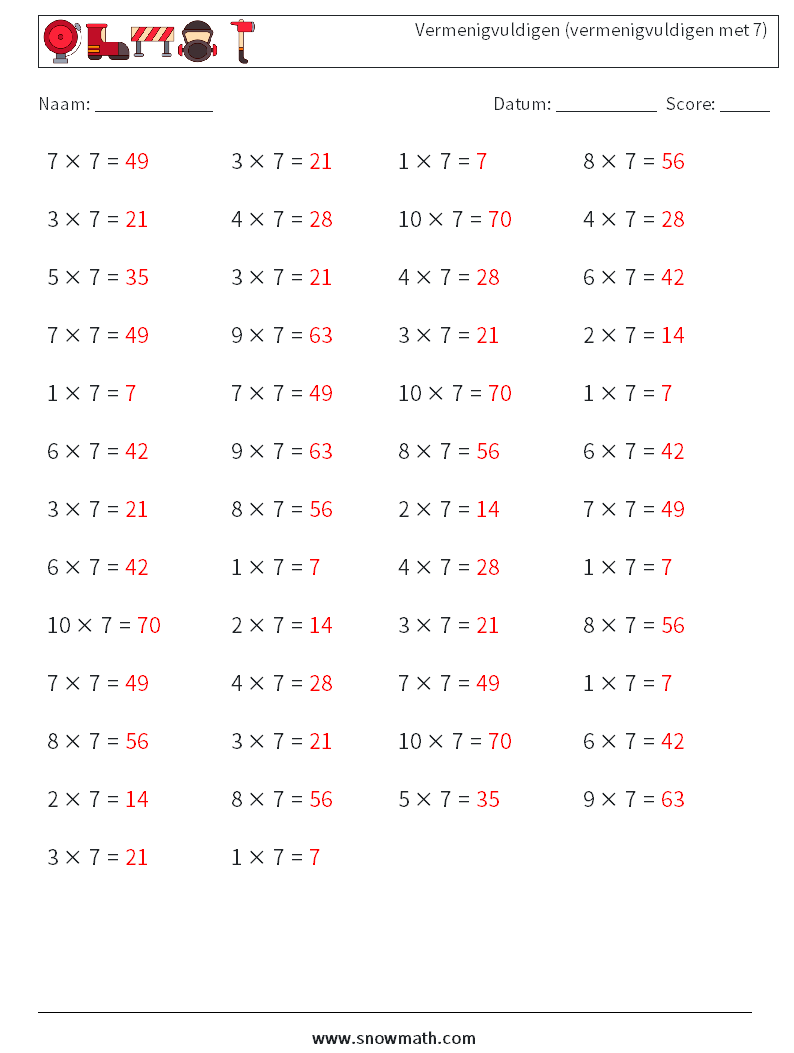 (50) Vermenigvuldigen (vermenigvuldigen met 7) Wiskundige werkbladen 3 Vraag, Antwoord