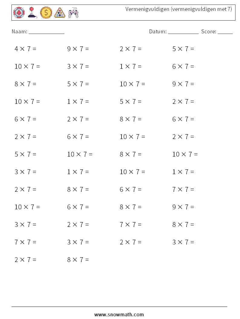 (50) Vermenigvuldigen (vermenigvuldigen met 7) Wiskundige werkbladen 4