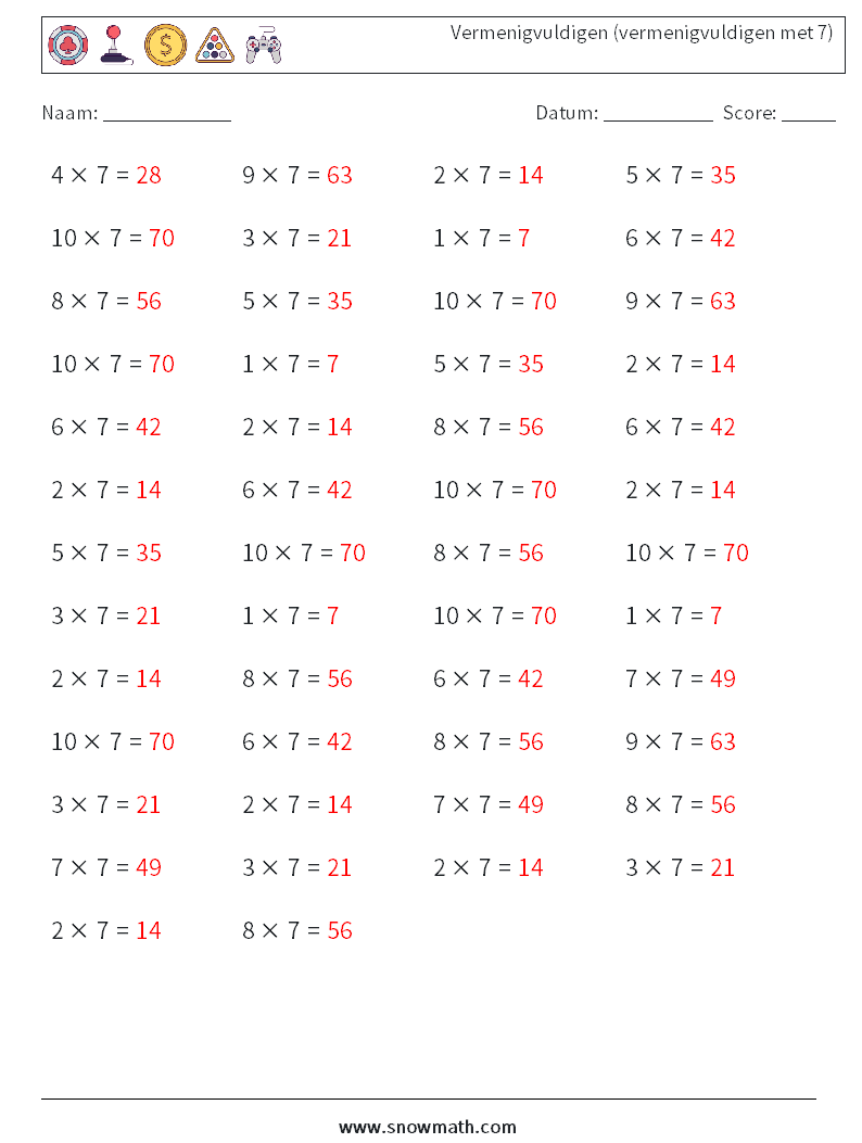 (50) Vermenigvuldigen (vermenigvuldigen met 7) Wiskundige werkbladen 4 Vraag, Antwoord