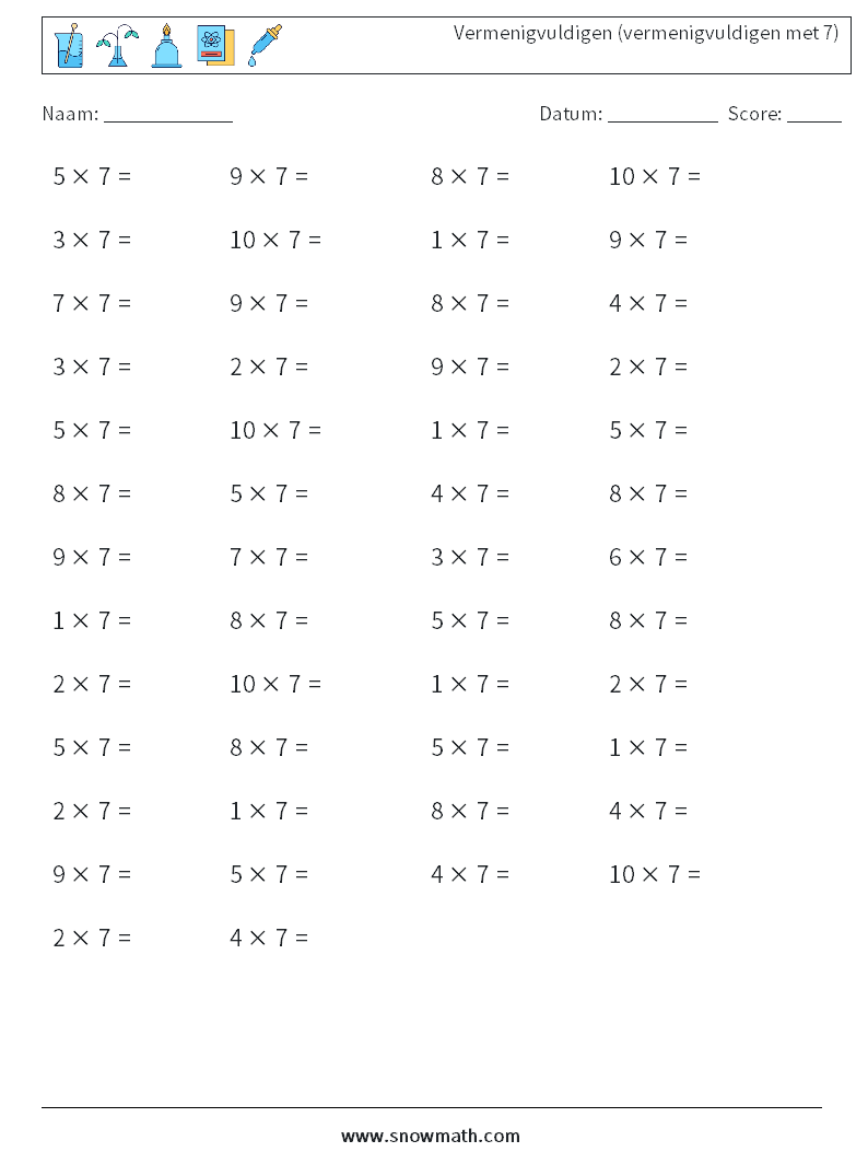 (50) Vermenigvuldigen (vermenigvuldigen met 7) Wiskundige werkbladen 5