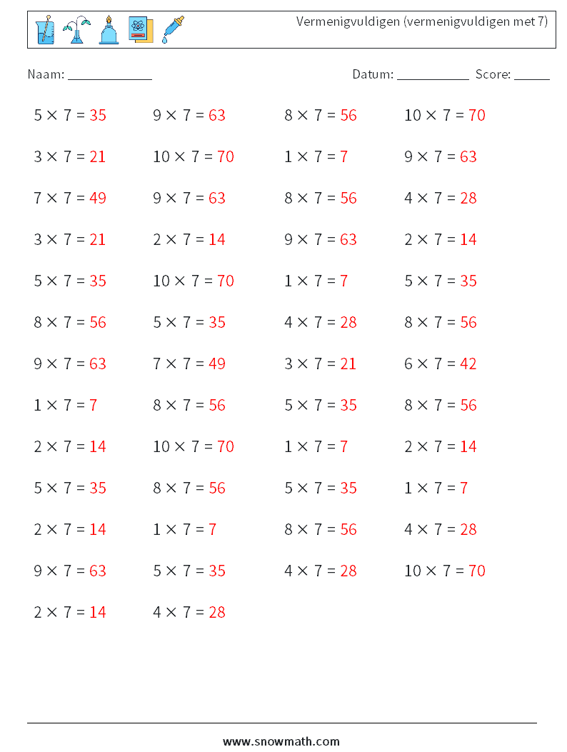 (50) Vermenigvuldigen (vermenigvuldigen met 7) Wiskundige werkbladen 5 Vraag, Antwoord