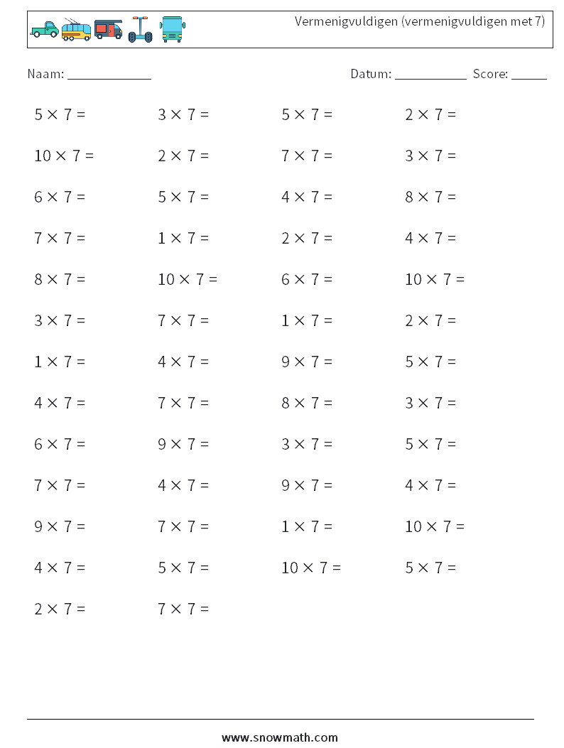 (50) Vermenigvuldigen (vermenigvuldigen met 7) Wiskundige werkbladen 6