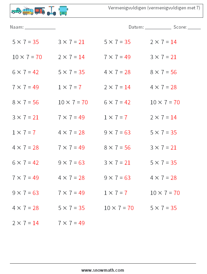 (50) Vermenigvuldigen (vermenigvuldigen met 7) Wiskundige werkbladen 6 Vraag, Antwoord