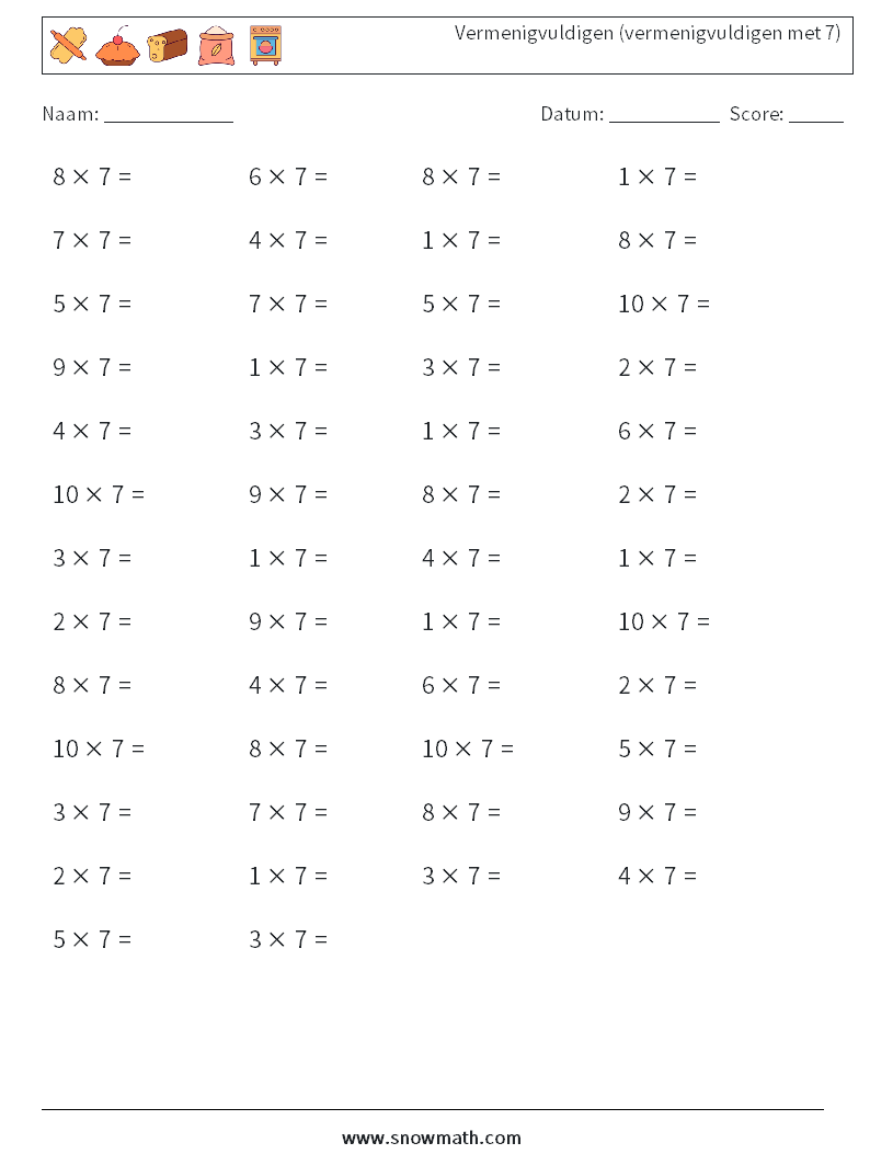 (50) Vermenigvuldigen (vermenigvuldigen met 7) Wiskundige werkbladen 7