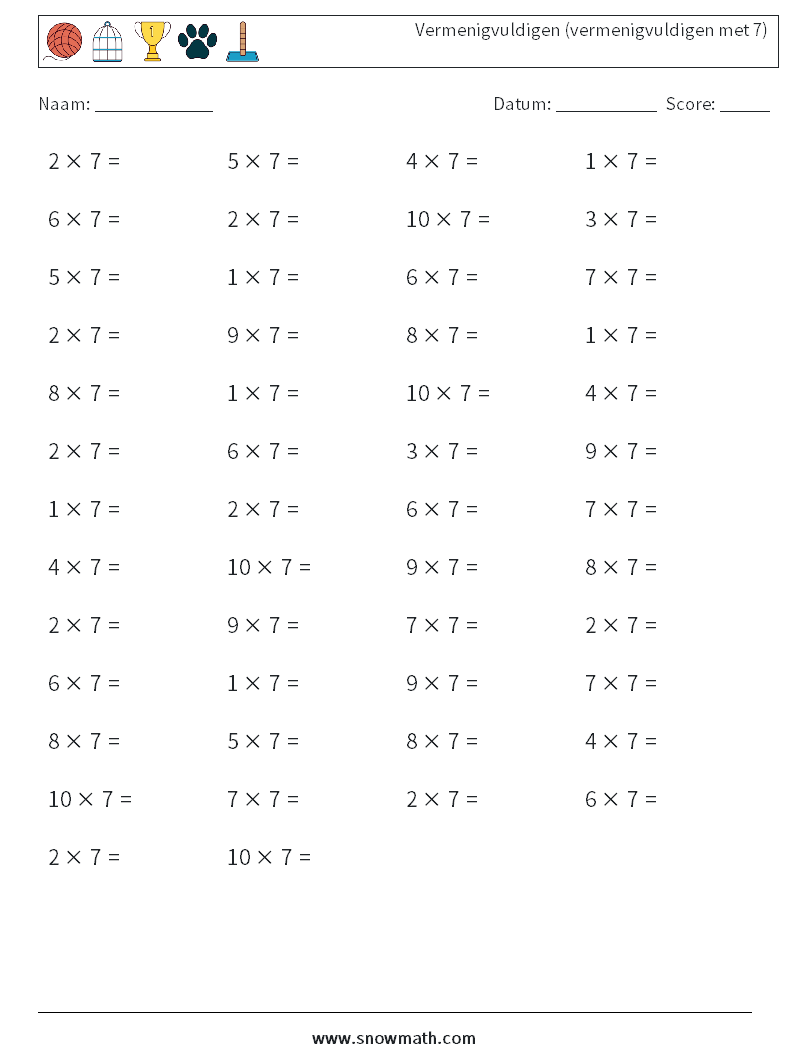 (50) Vermenigvuldigen (vermenigvuldigen met 7) Wiskundige werkbladen 8