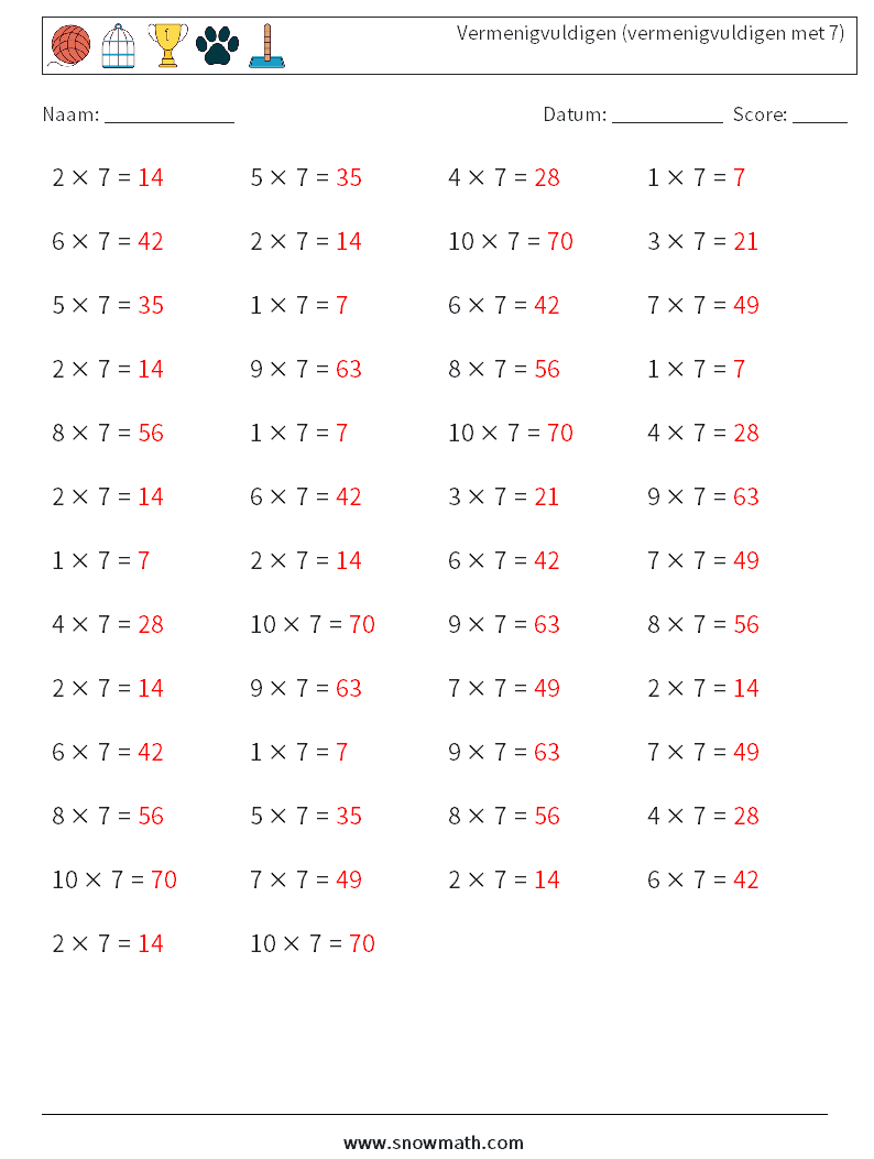 (50) Vermenigvuldigen (vermenigvuldigen met 7) Wiskundige werkbladen 8 Vraag, Antwoord