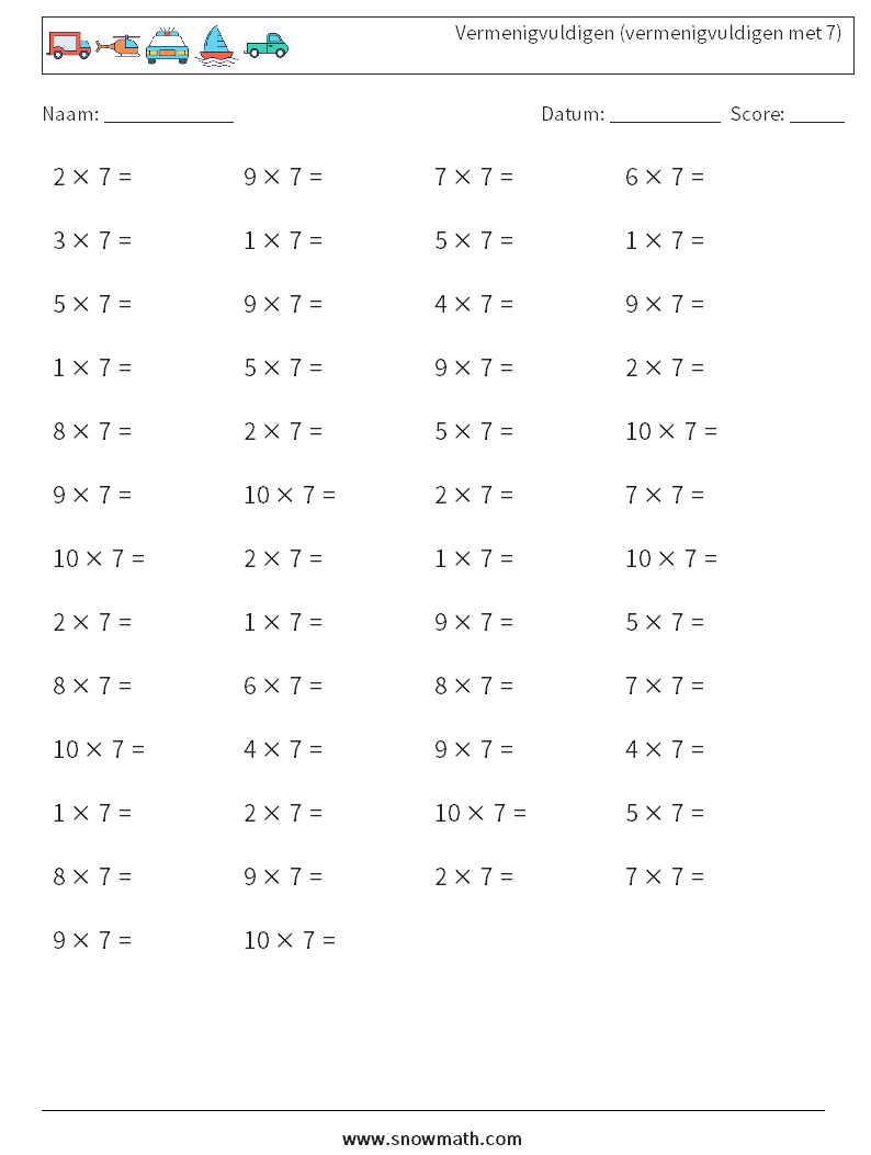 (50) Vermenigvuldigen (vermenigvuldigen met 7) Wiskundige werkbladen 9