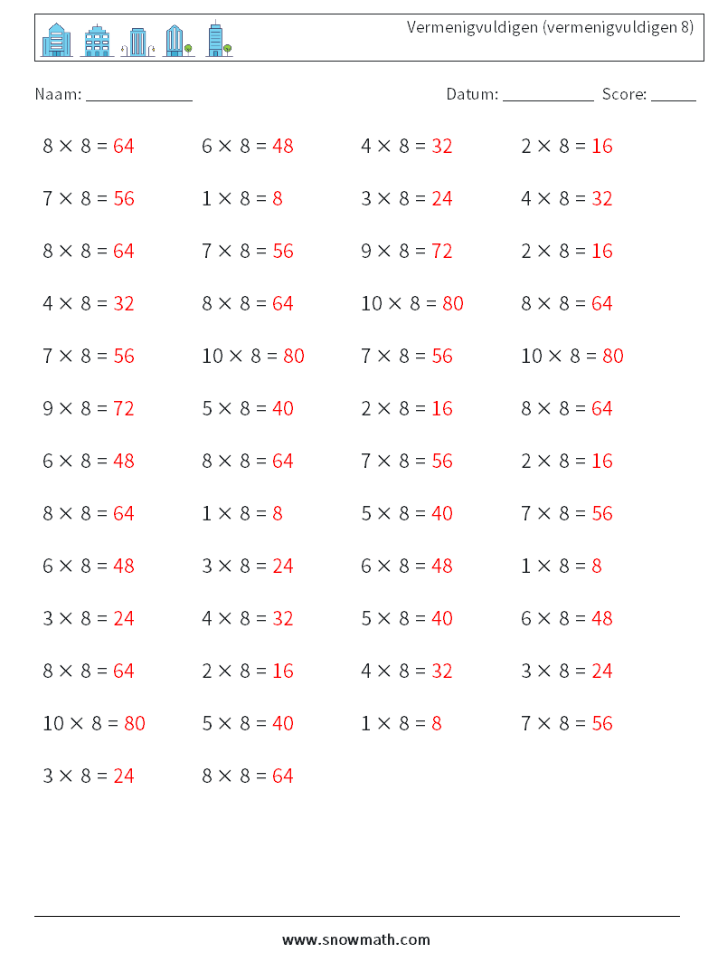 (50) Vermenigvuldigen (vermenigvuldigen 8) Wiskundige werkbladen 1 Vraag, Antwoord