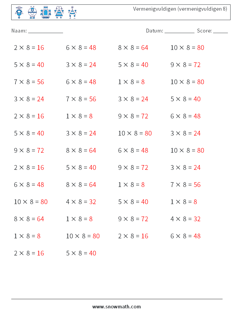 (50) Vermenigvuldigen (vermenigvuldigen 8) Wiskundige werkbladen 2 Vraag, Antwoord