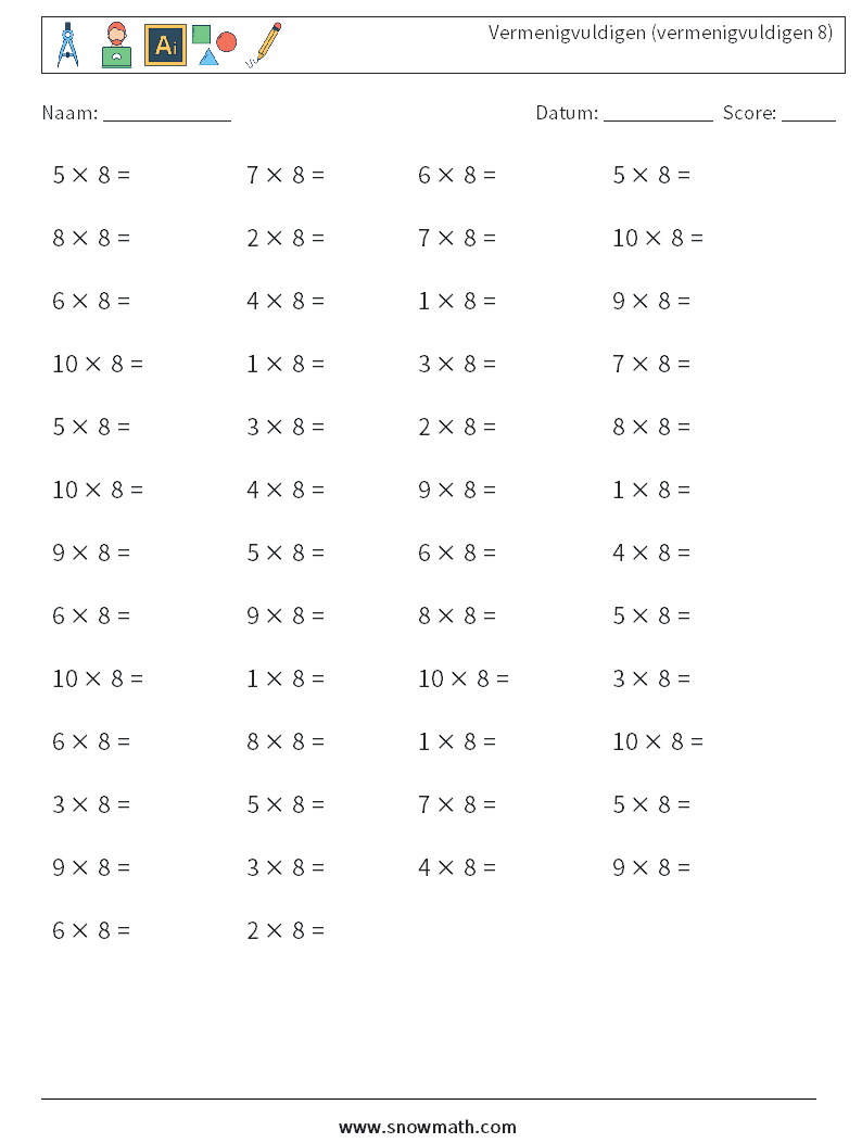 (50) Vermenigvuldigen (vermenigvuldigen 8) Wiskundige werkbladen 3