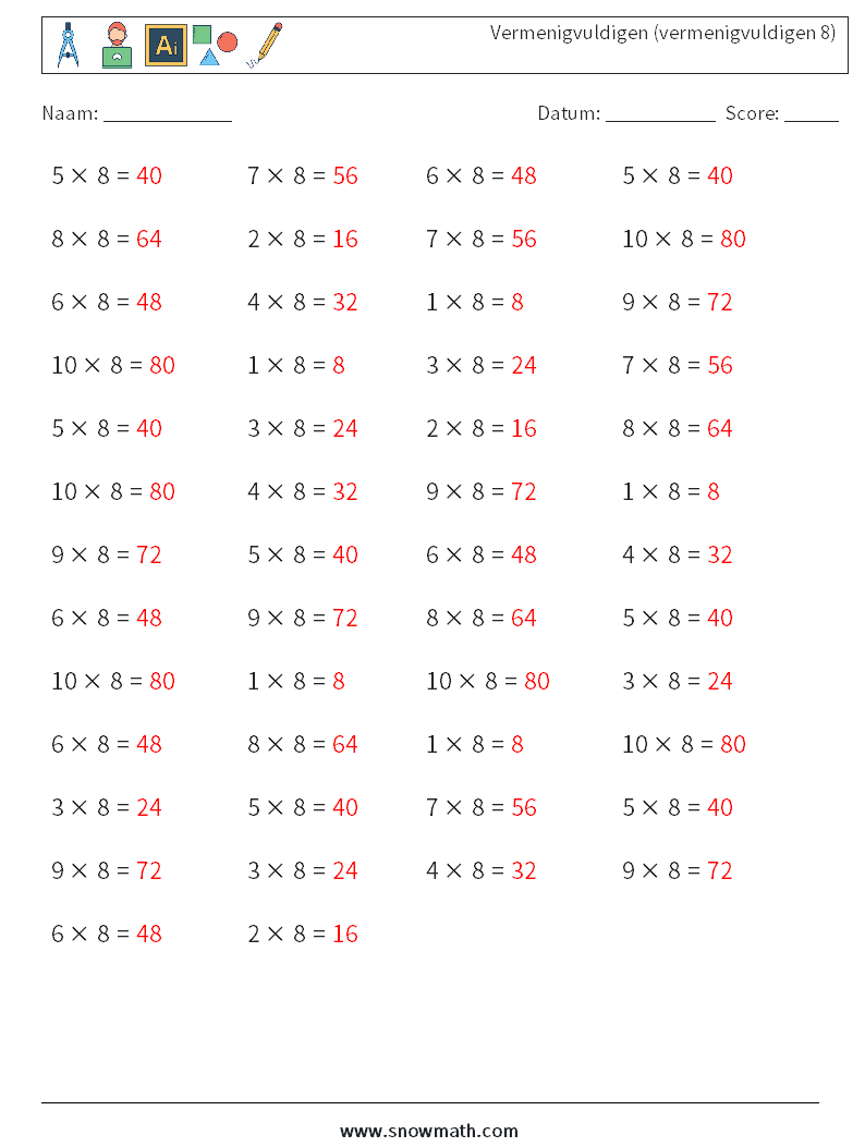 (50) Vermenigvuldigen (vermenigvuldigen 8) Wiskundige werkbladen 3 Vraag, Antwoord