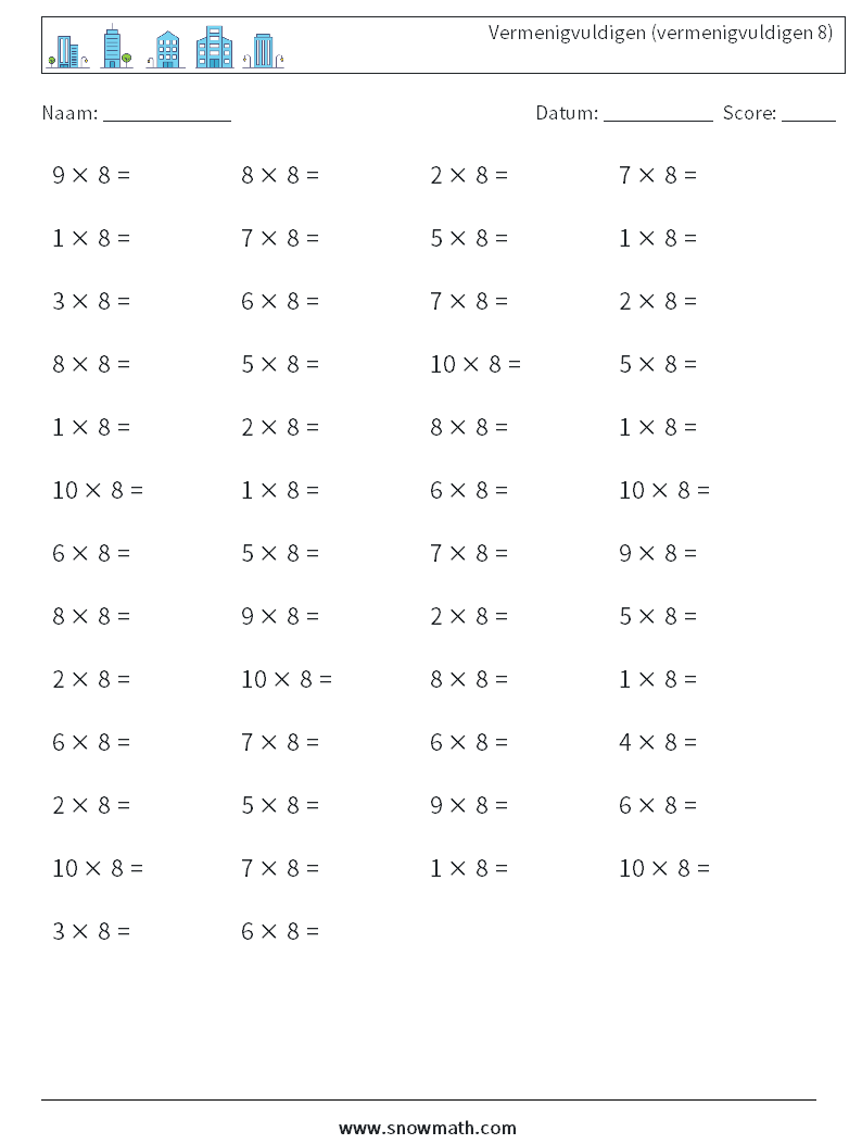 (50) Vermenigvuldigen (vermenigvuldigen 8) Wiskundige werkbladen 4