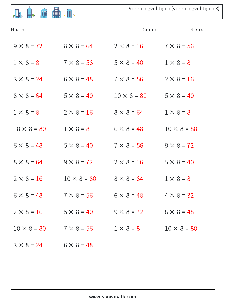 (50) Vermenigvuldigen (vermenigvuldigen 8) Wiskundige werkbladen 4 Vraag, Antwoord