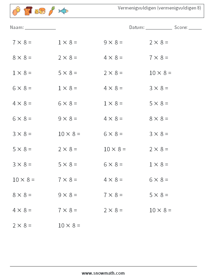 (50) Vermenigvuldigen (vermenigvuldigen 8) Wiskundige werkbladen 5