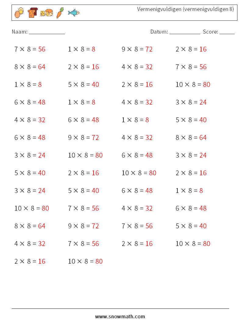 (50) Vermenigvuldigen (vermenigvuldigen 8) Wiskundige werkbladen 5 Vraag, Antwoord