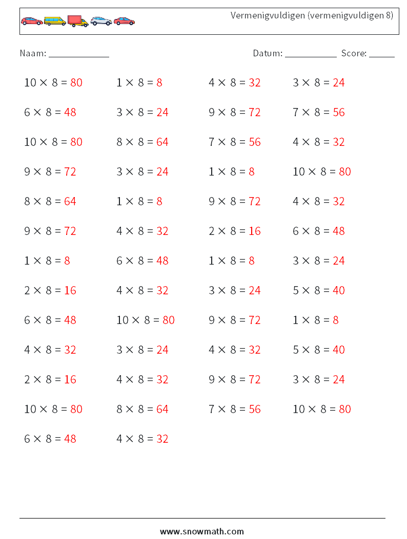 (50) Vermenigvuldigen (vermenigvuldigen 8) Wiskundige werkbladen 6 Vraag, Antwoord