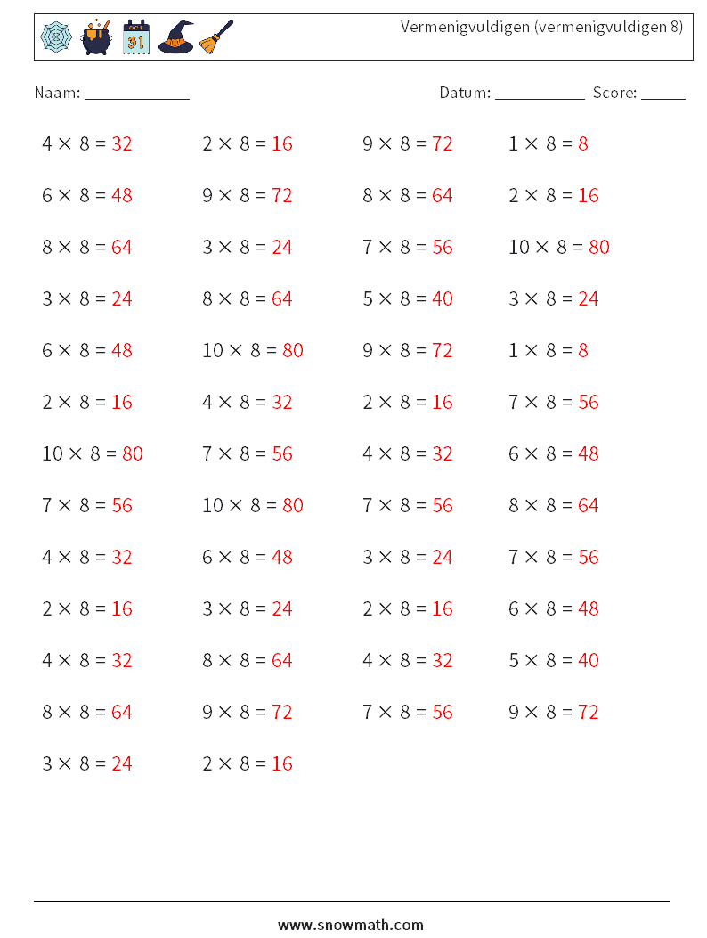 (50) Vermenigvuldigen (vermenigvuldigen 8) Wiskundige werkbladen 7 Vraag, Antwoord