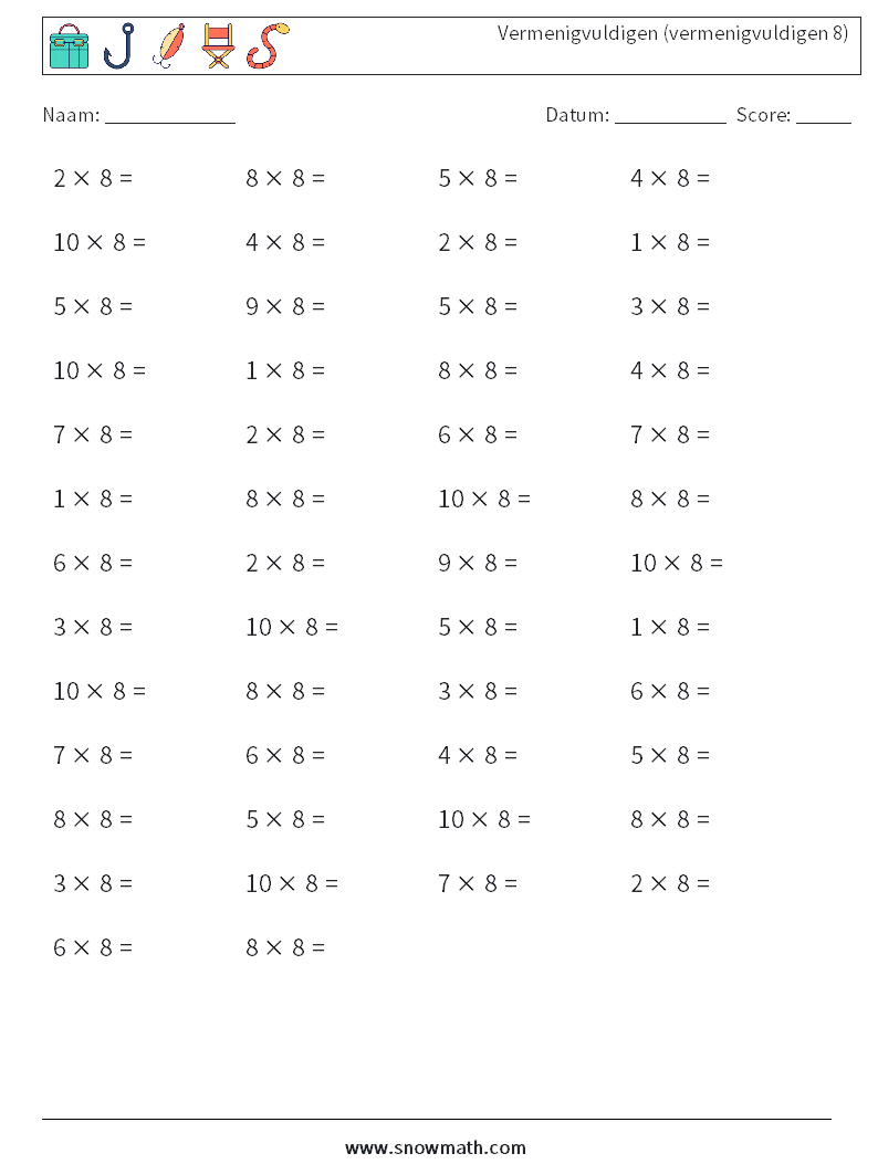 (50) Vermenigvuldigen (vermenigvuldigen 8) Wiskundige werkbladen 8