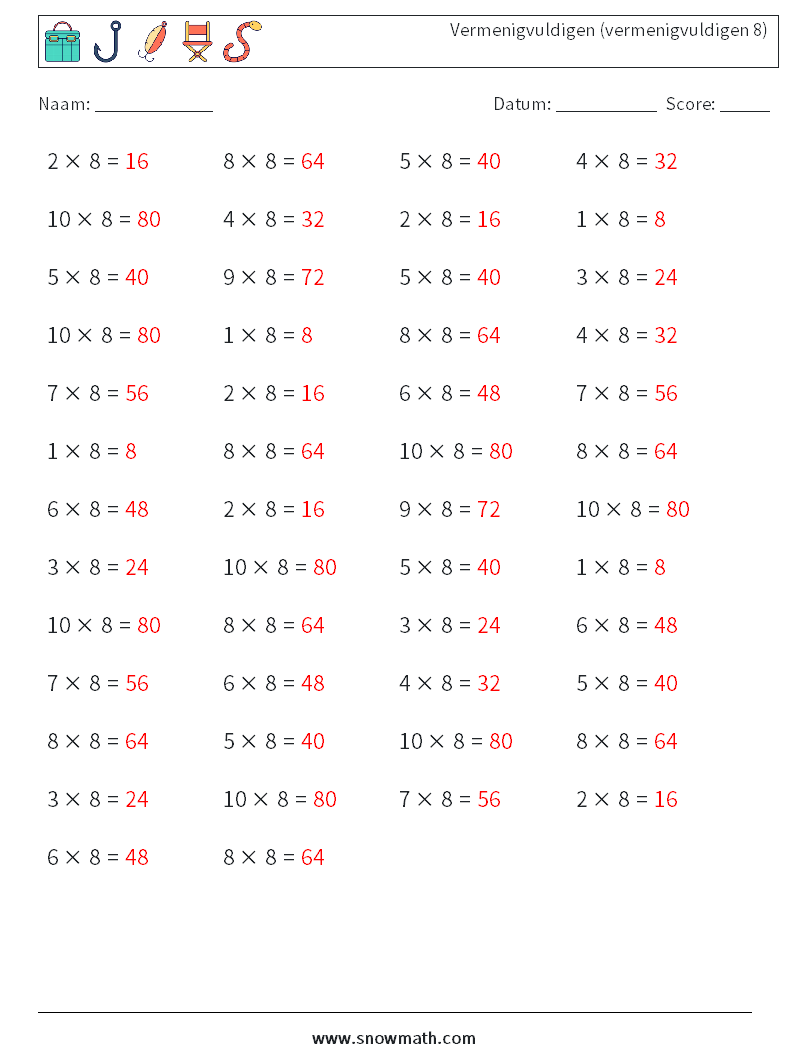 (50) Vermenigvuldigen (vermenigvuldigen 8) Wiskundige werkbladen 8 Vraag, Antwoord