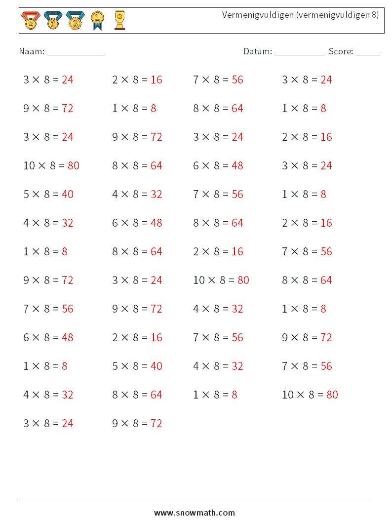 (50) Vermenigvuldigen (vermenigvuldigen 8) Wiskundige werkbladen 9 Vraag, Antwoord