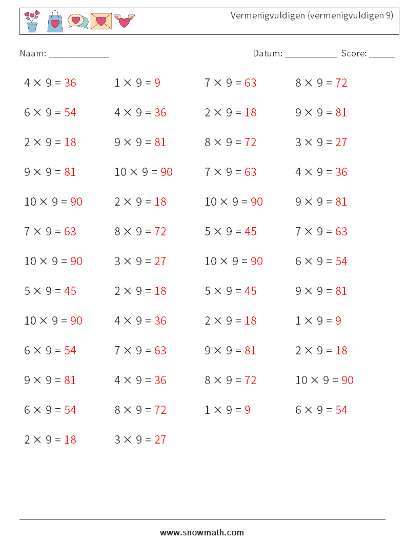 (50) Vermenigvuldigen (vermenigvuldigen 9) Wiskundige werkbladen 1 Vraag, Antwoord