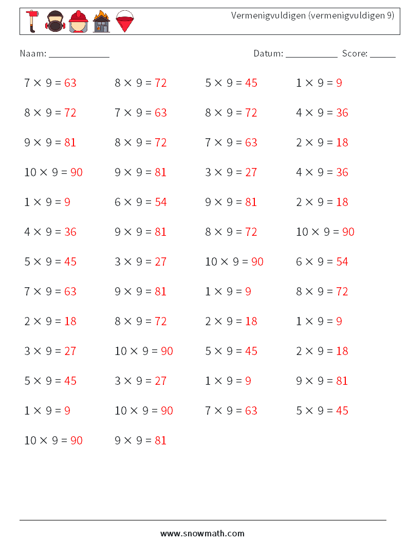 (50) Vermenigvuldigen (vermenigvuldigen 9) Wiskundige werkbladen 3 Vraag, Antwoord