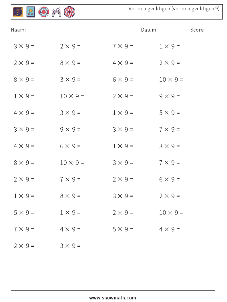 (50) Vermenigvuldigen (vermenigvuldigen 9) Wiskundige werkbladen 4