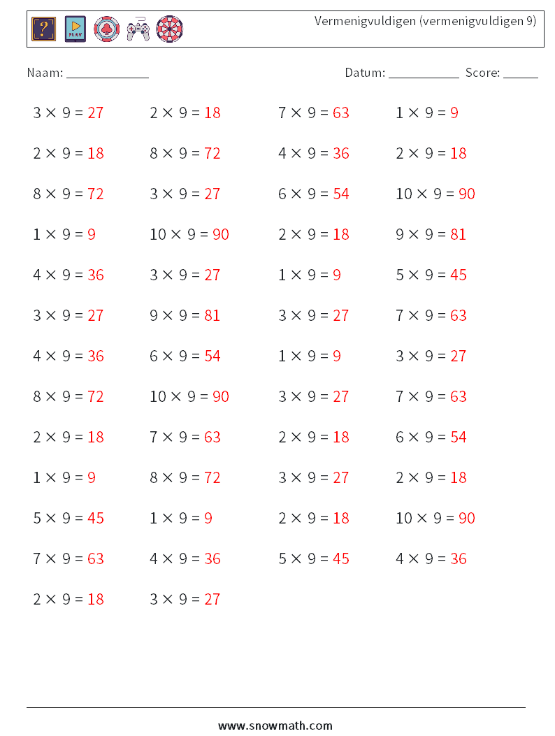 (50) Vermenigvuldigen (vermenigvuldigen 9) Wiskundige werkbladen 4 Vraag, Antwoord