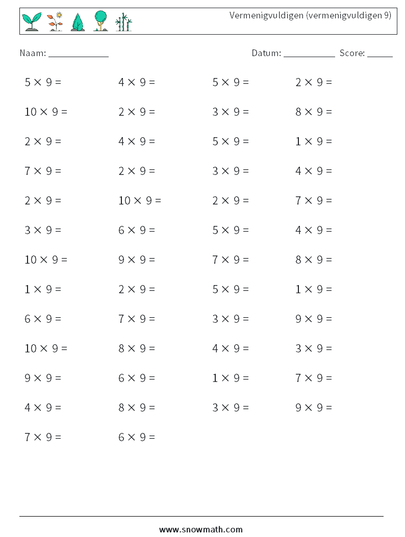 (50) Vermenigvuldigen (vermenigvuldigen 9) Wiskundige werkbladen 5